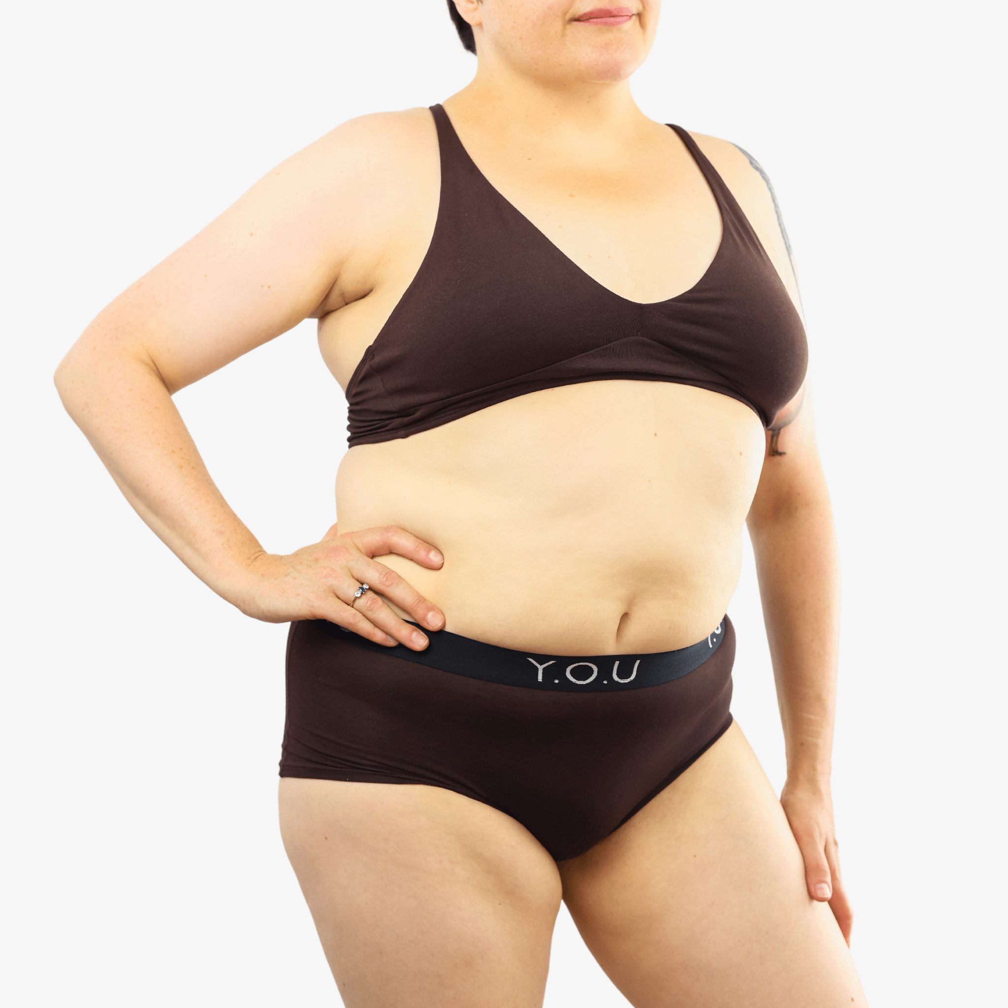 Women's organic cotton matching bralette and Y.O.U boy shorts set - cocoa (dark nude) - Y.O.U underwear