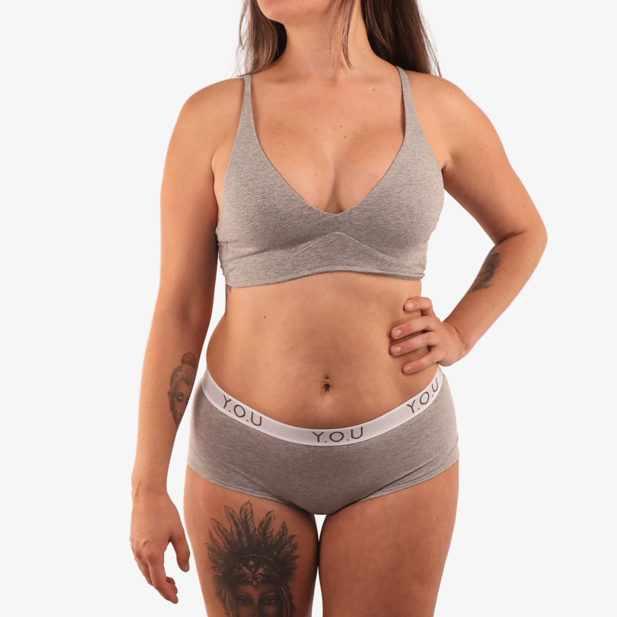 Women's organic cotton matching bralette and Y.O.U boy shorts set - light grey (heather grey) - Y.O.U underwear