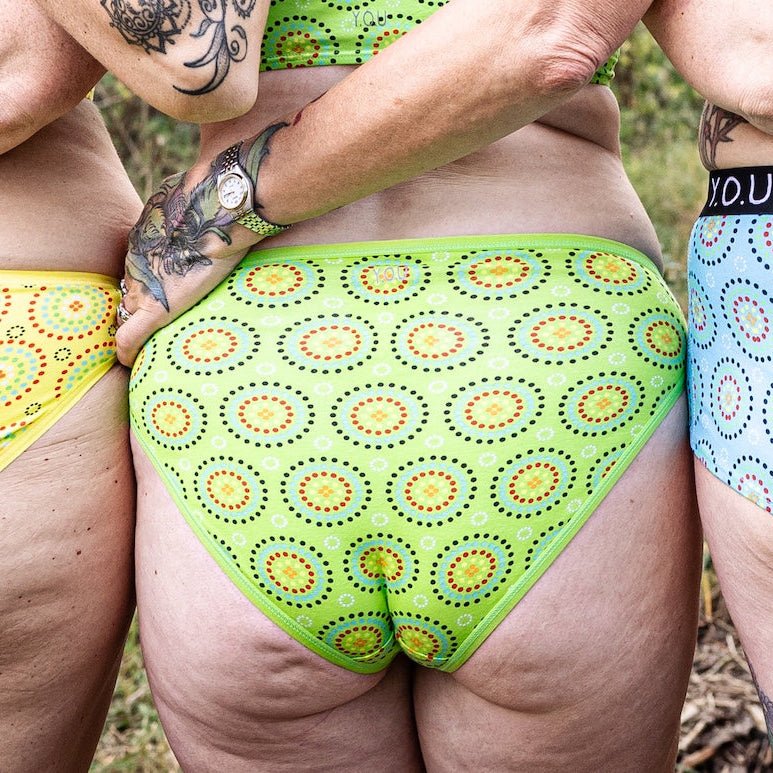 Women's organic cotton mid - rise bikini bottoms - Green Mara print - Y.O.U underwear