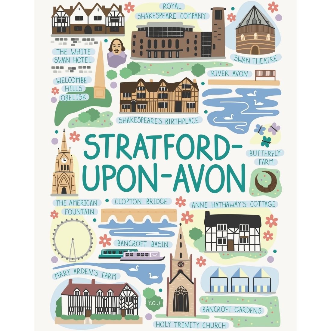 Y.O.U Stratford - upon - Avon Landmarks Organic Cotton Tea Towel - Y.O.U underwear