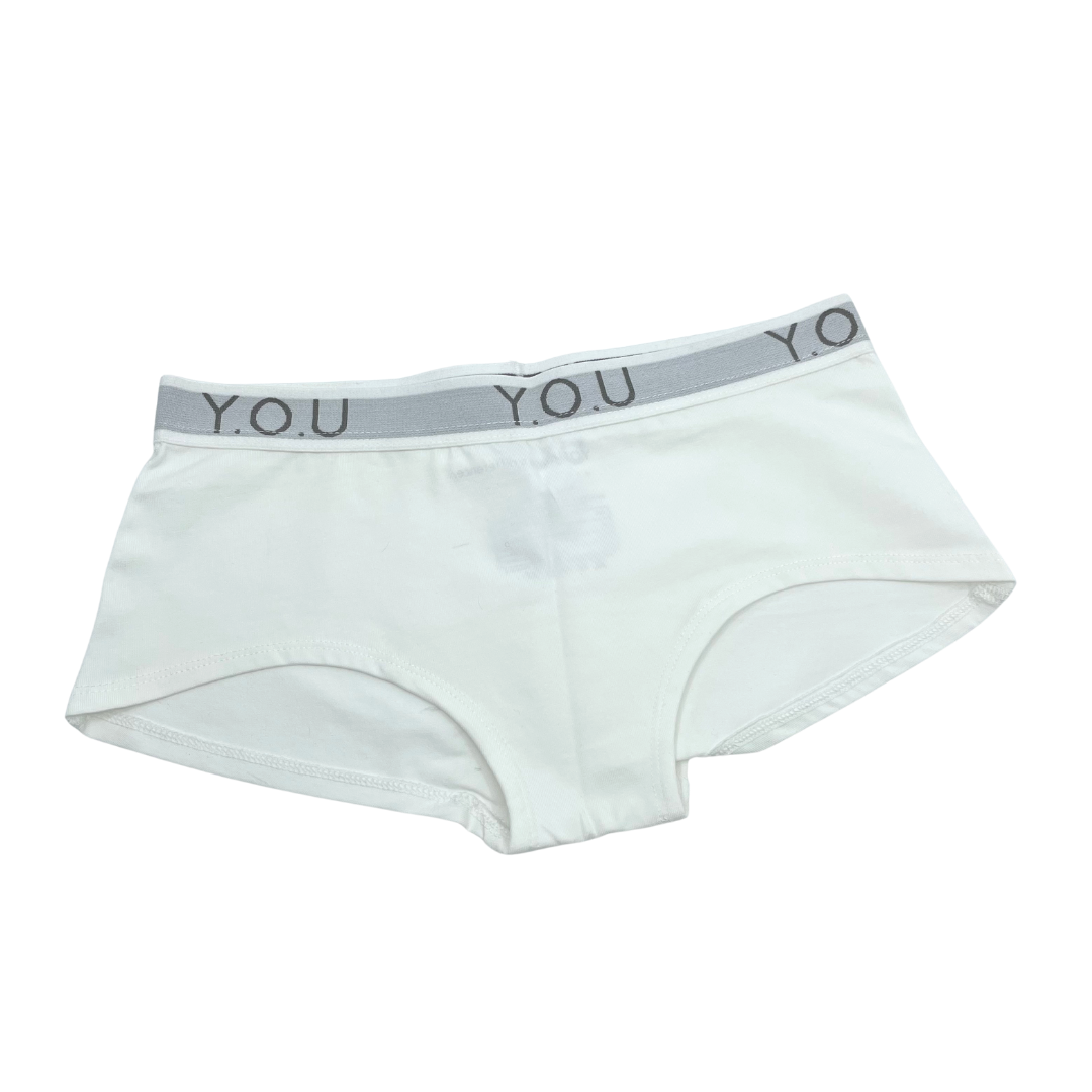 Women’s organic cotton boy shorts with Y.O.U elastic in white