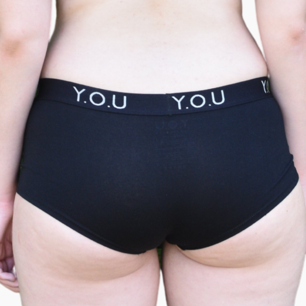 Women’s organic cotton boy shorts with Y.O.U elastic in black