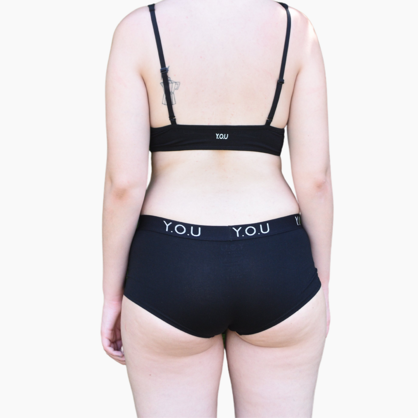 Women's organic cotton matching bralette and Y.O.U boy shorts set - black