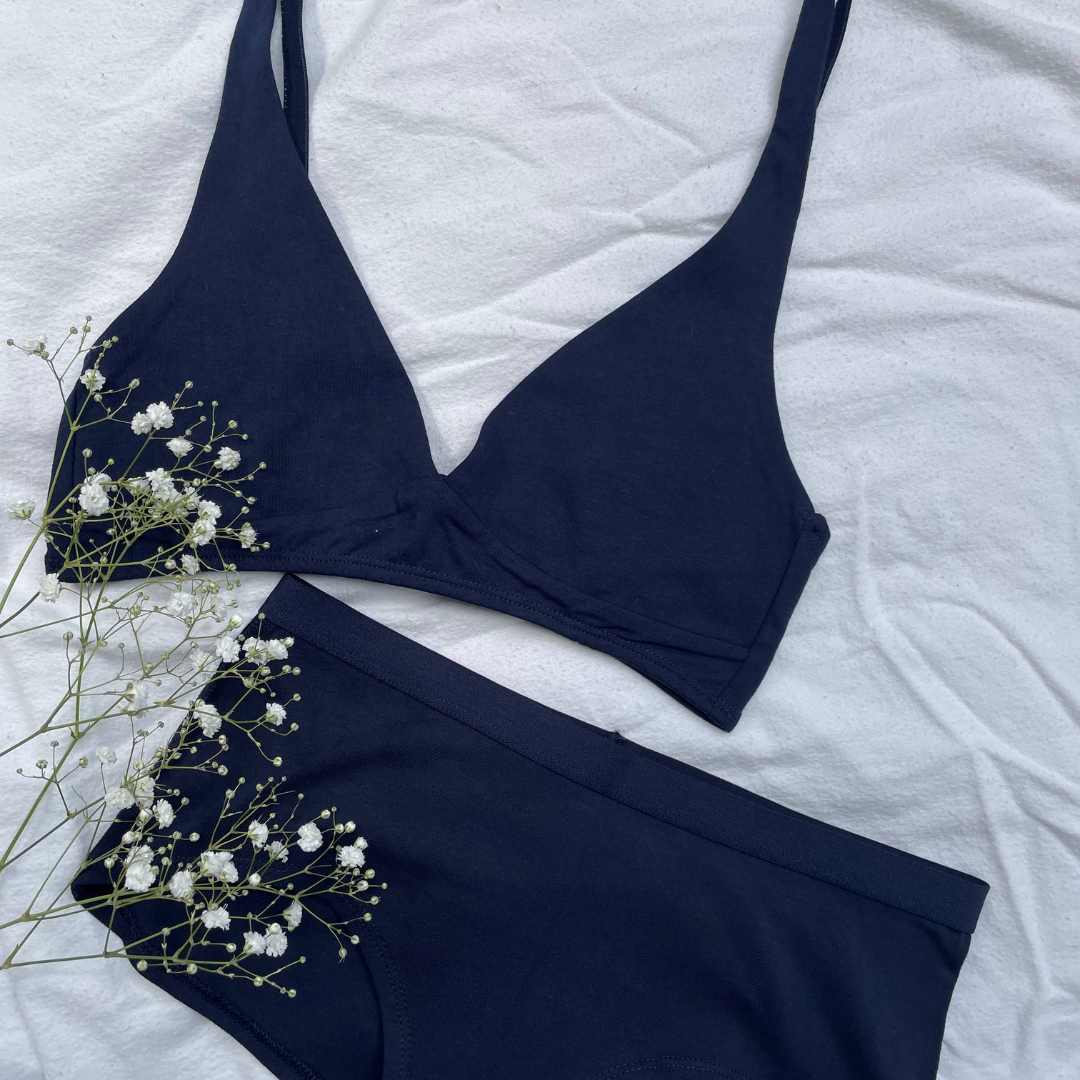 Women's organic cotton matching bralette and boy shorts set - navy blue