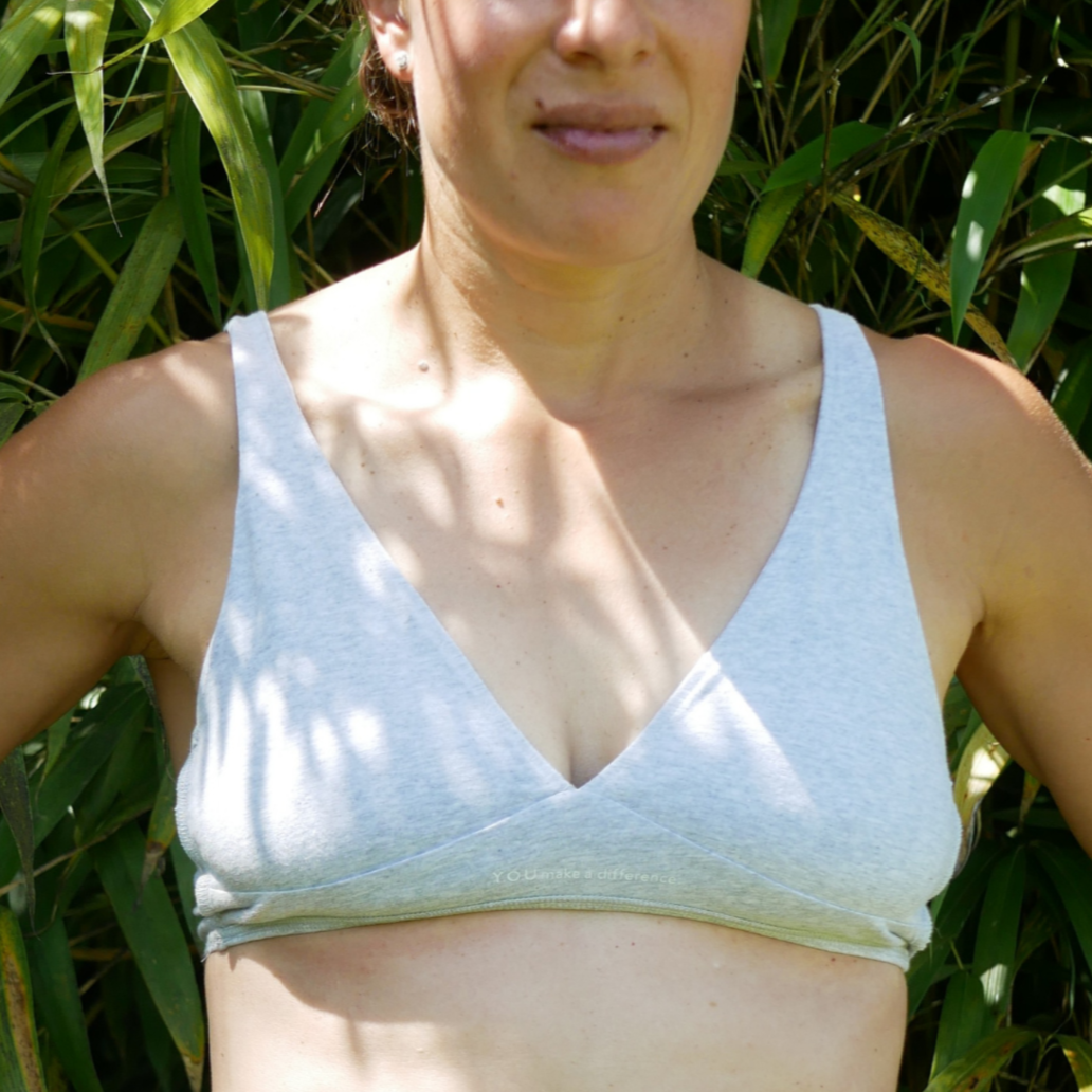 Organic cotton bralette and bikini set - heather grey - front view model shot