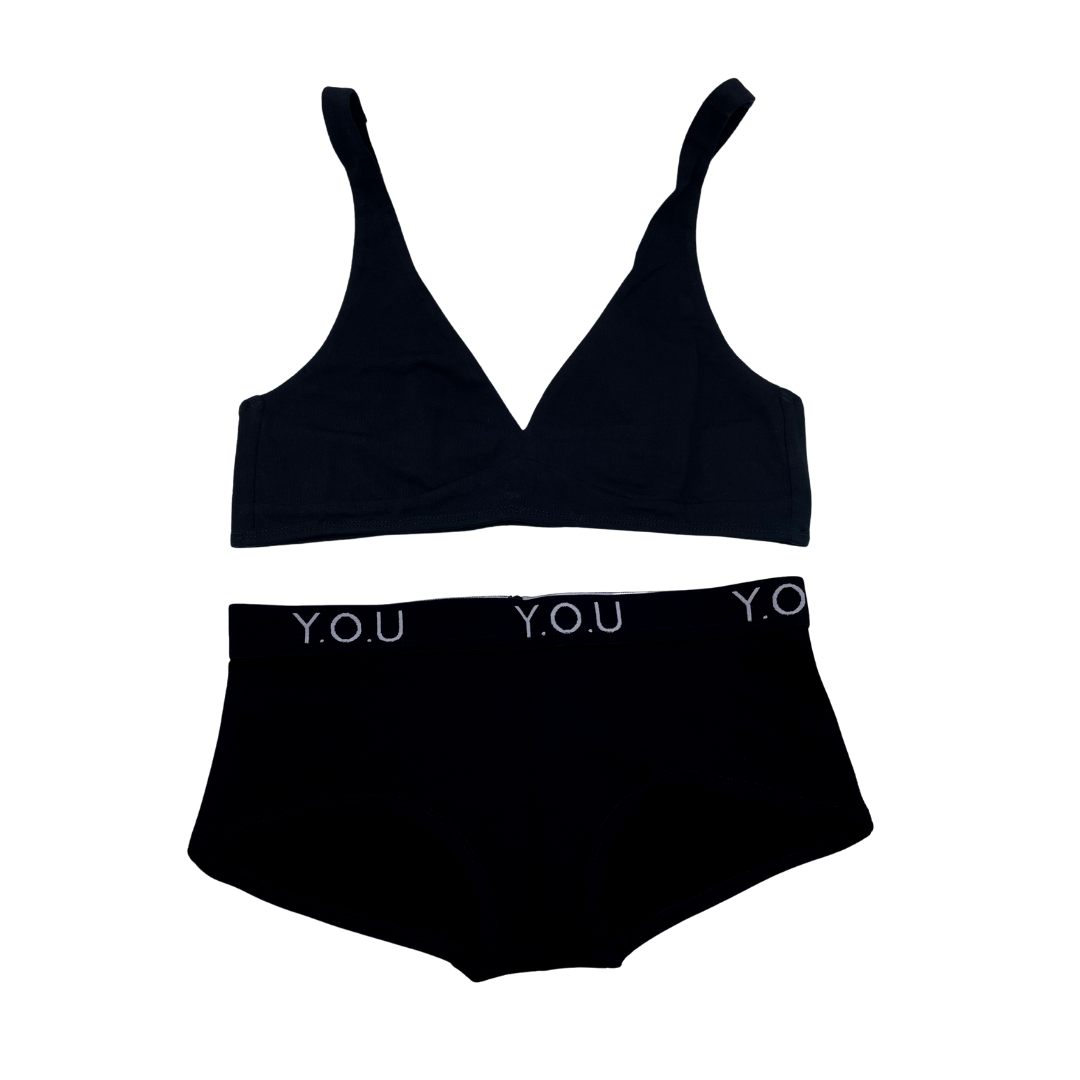 Women's organic cotton matching bralette and Y.O.U boy shorts set - black