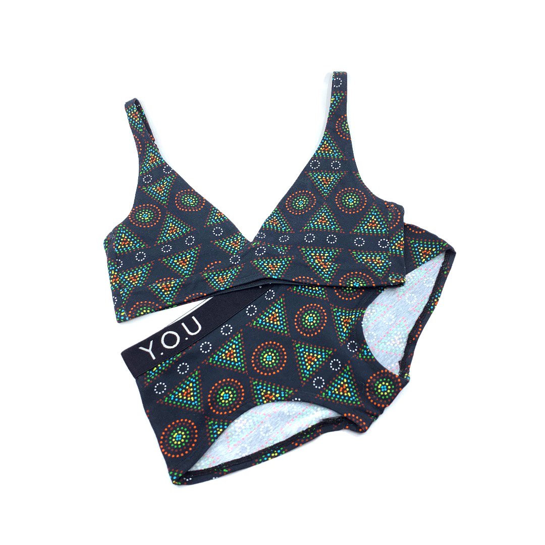 Women's organic cotton matching bralette and Y.O.U boy shorts set - Black Mara design