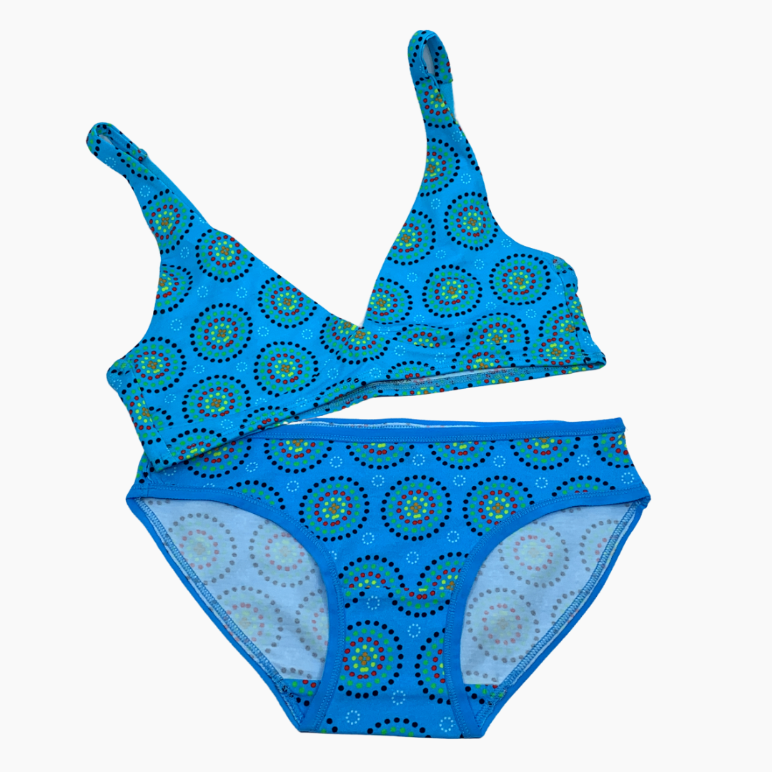 Women's organic cotton matching bralette and bikini set - Blue Mara design