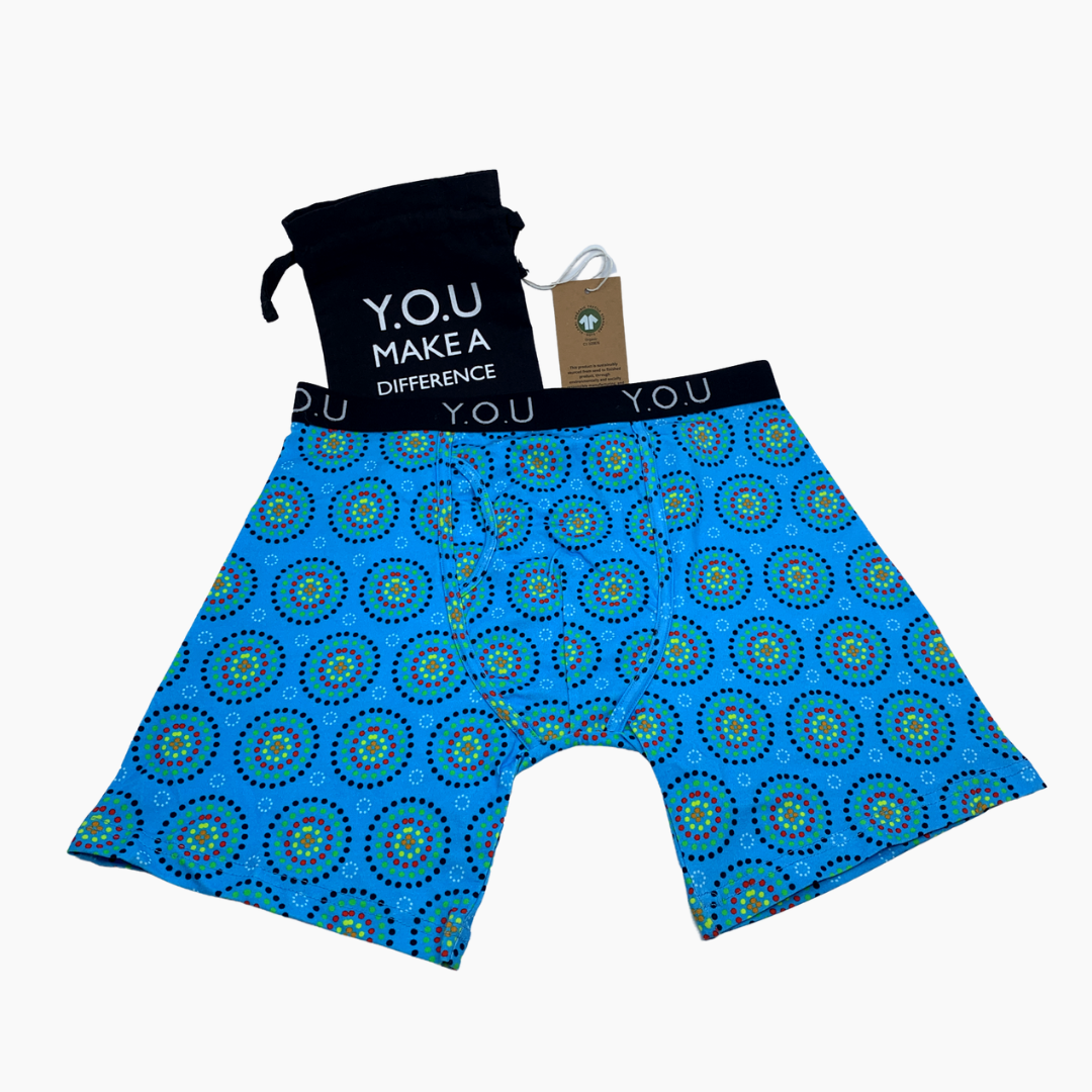 Men's organic cotton longer-leg trunks - Blue Mara design
