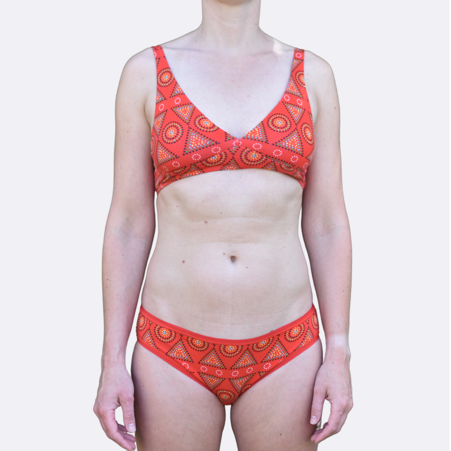 Women's organic cotton matching bralette and bikini set - Red Mara design