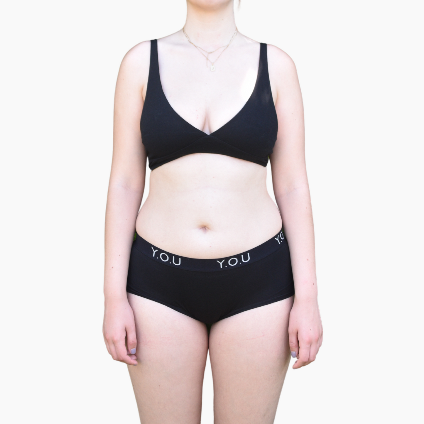 Women's organic cotton matching bralette and Y.O.U boy shorts set - black