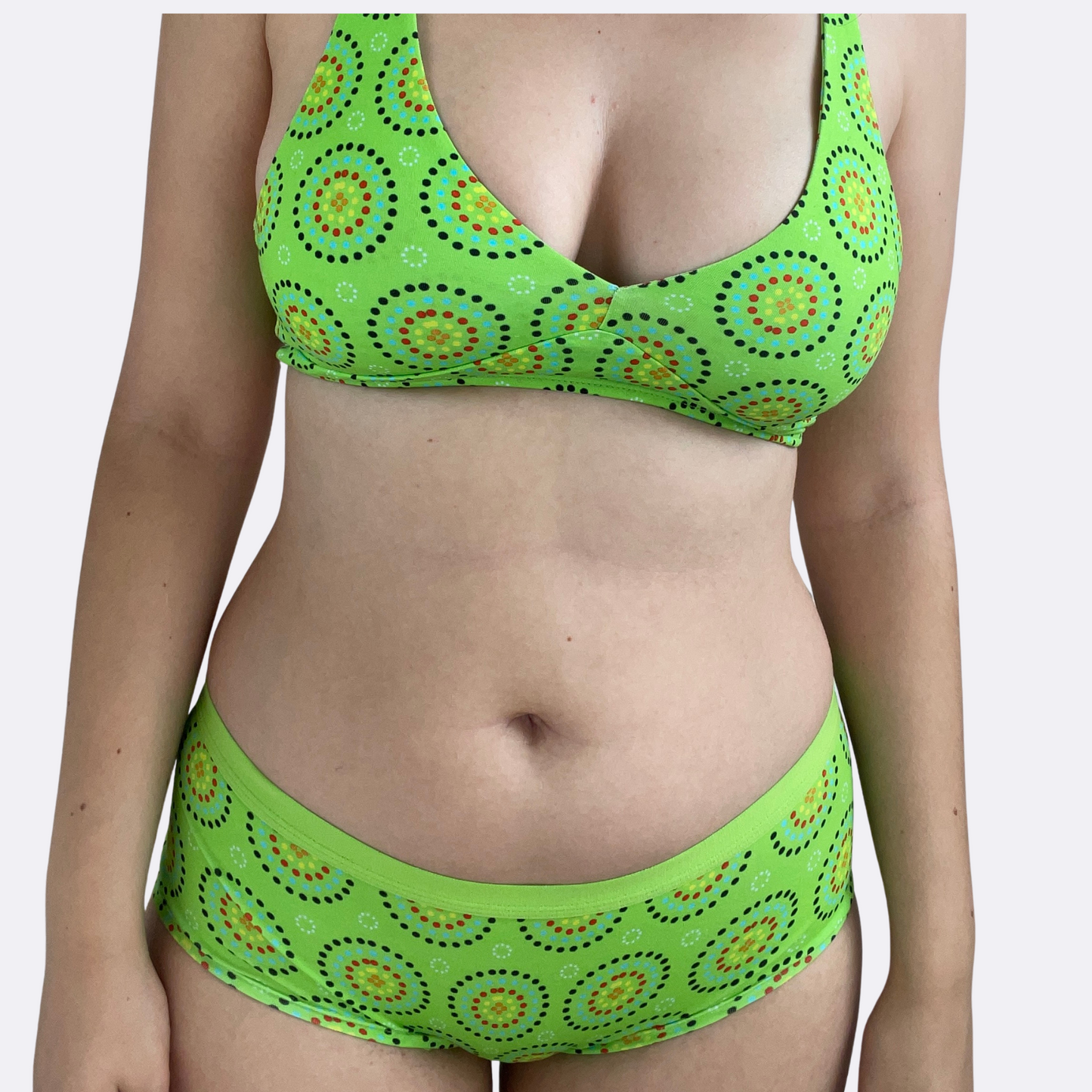 Women's organic cotton matching bralette and plain boy shorts set - Green Mara design