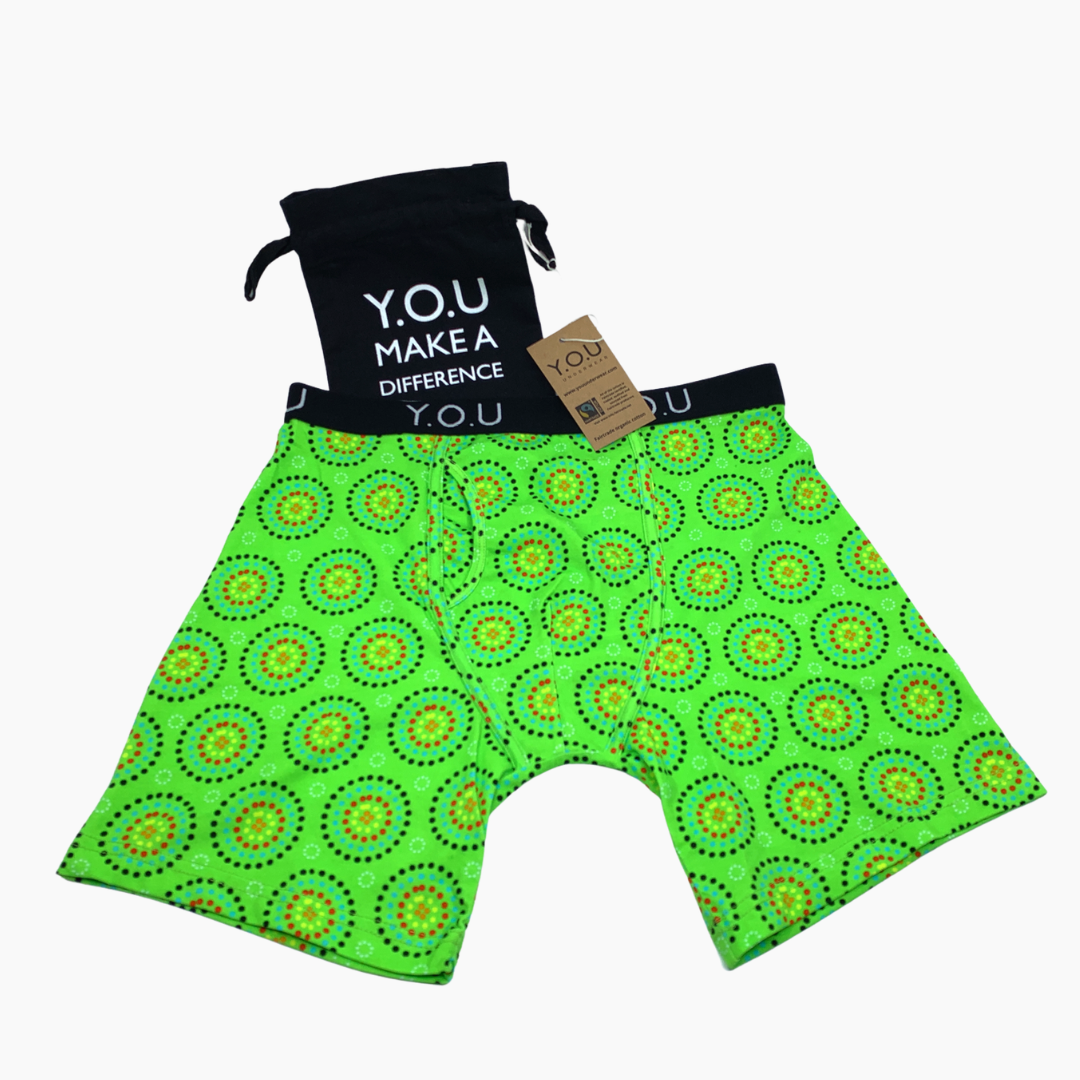 Men's organic cotton longer-leg trunks - Green Mara design