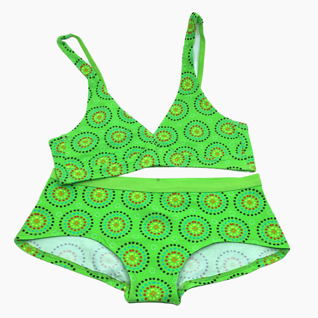 Women's organic cotton matching bralette and plain boy shorts set - Green Mara design