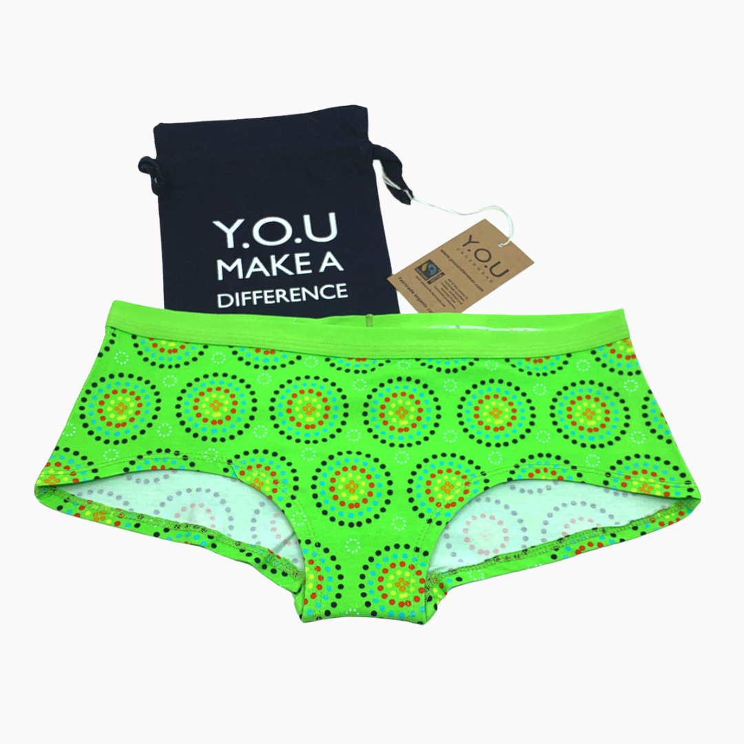Women's organic cotton matching bralette and plain boy shorts set - Green Mara design