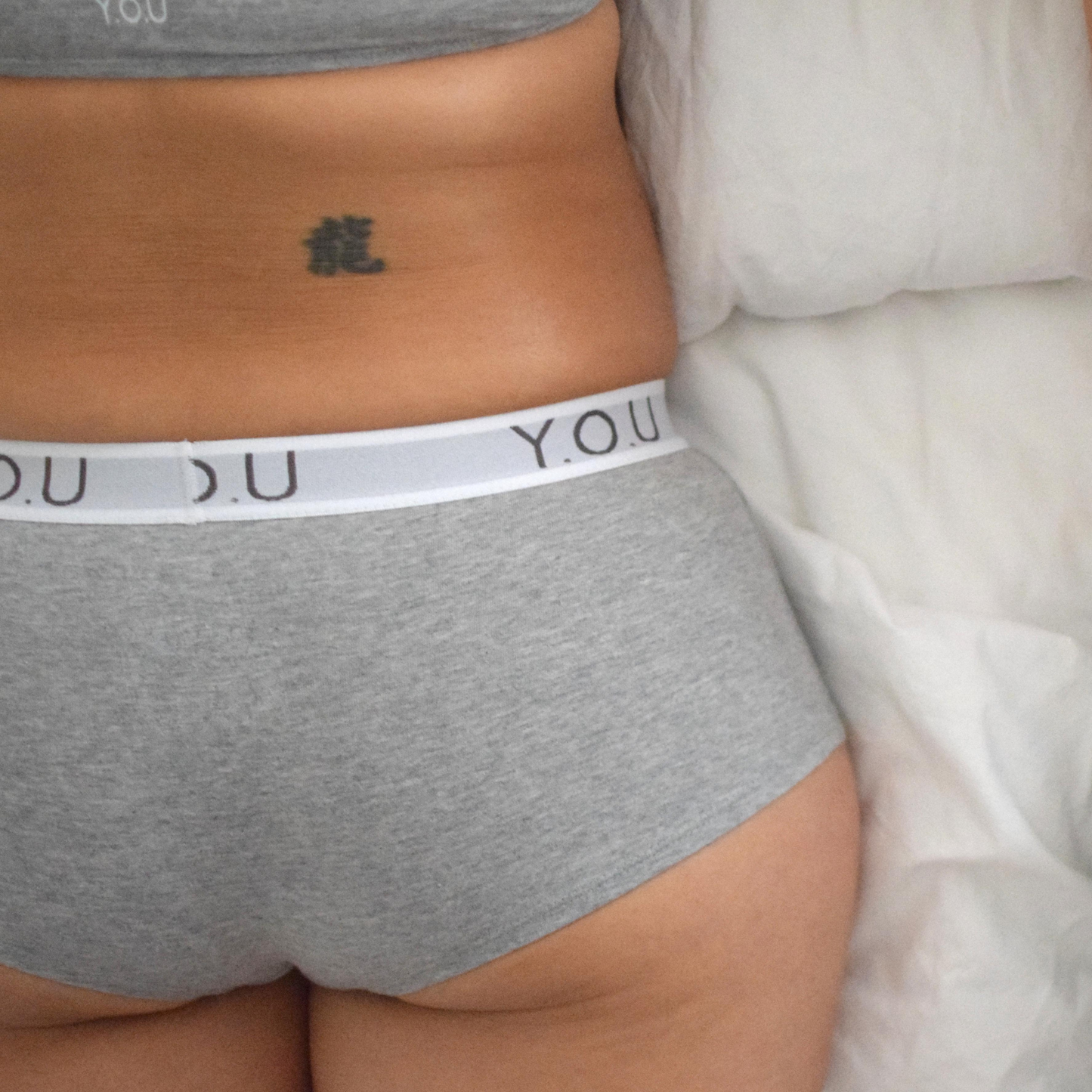 Women's Y.O.U boy shorts in heather grey - model shot back view