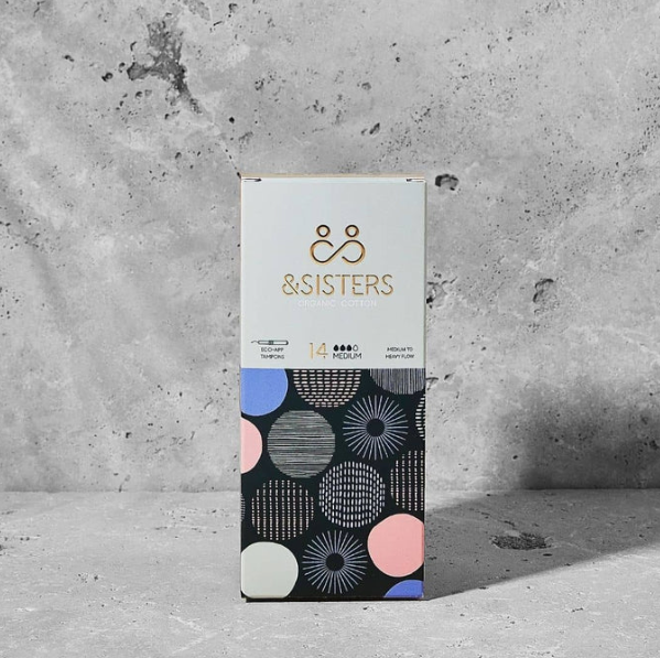 A pack of &sisters tampons - half grey and half colourful