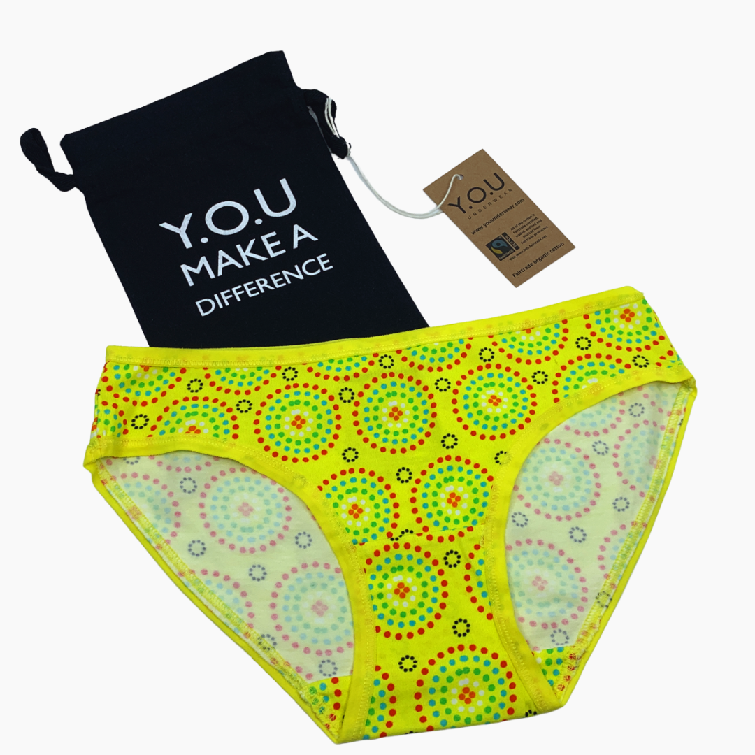 Women's organic cotton low-rise bikini bottoms - Yellow Mara design