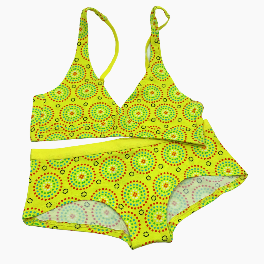 Women's organic cotton matching bralette and plain boy shorts set - Yellow Mara design