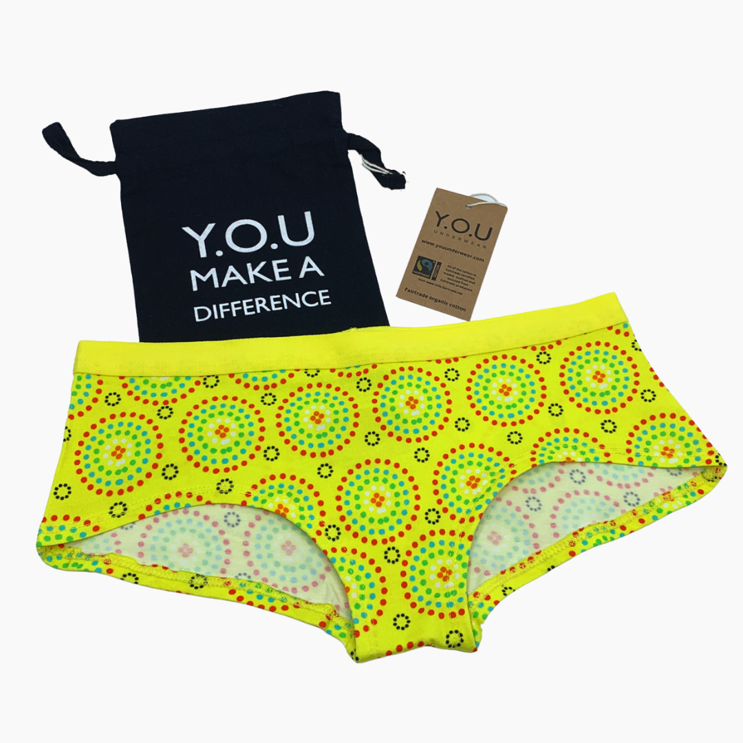 Women's organic cotton matching bralette and plain boy shorts set - Yellow Mara design