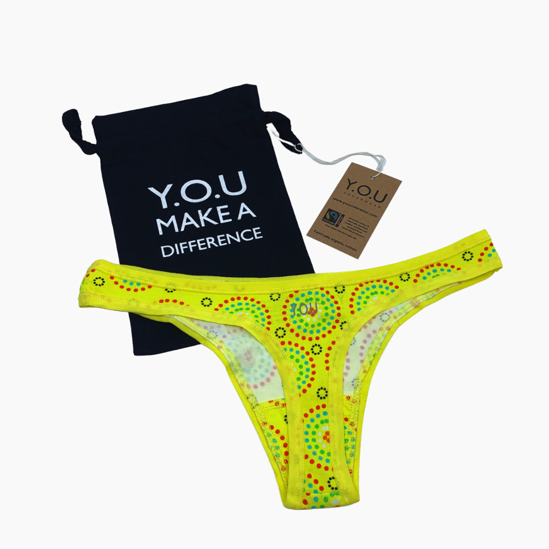 Women's organic cotton matching bralette and thong set - Yellow Mara design