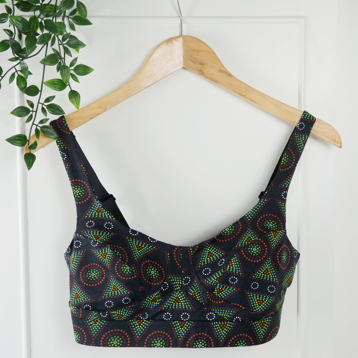 Women's organic cotton bra in black Mara print - more supportive style