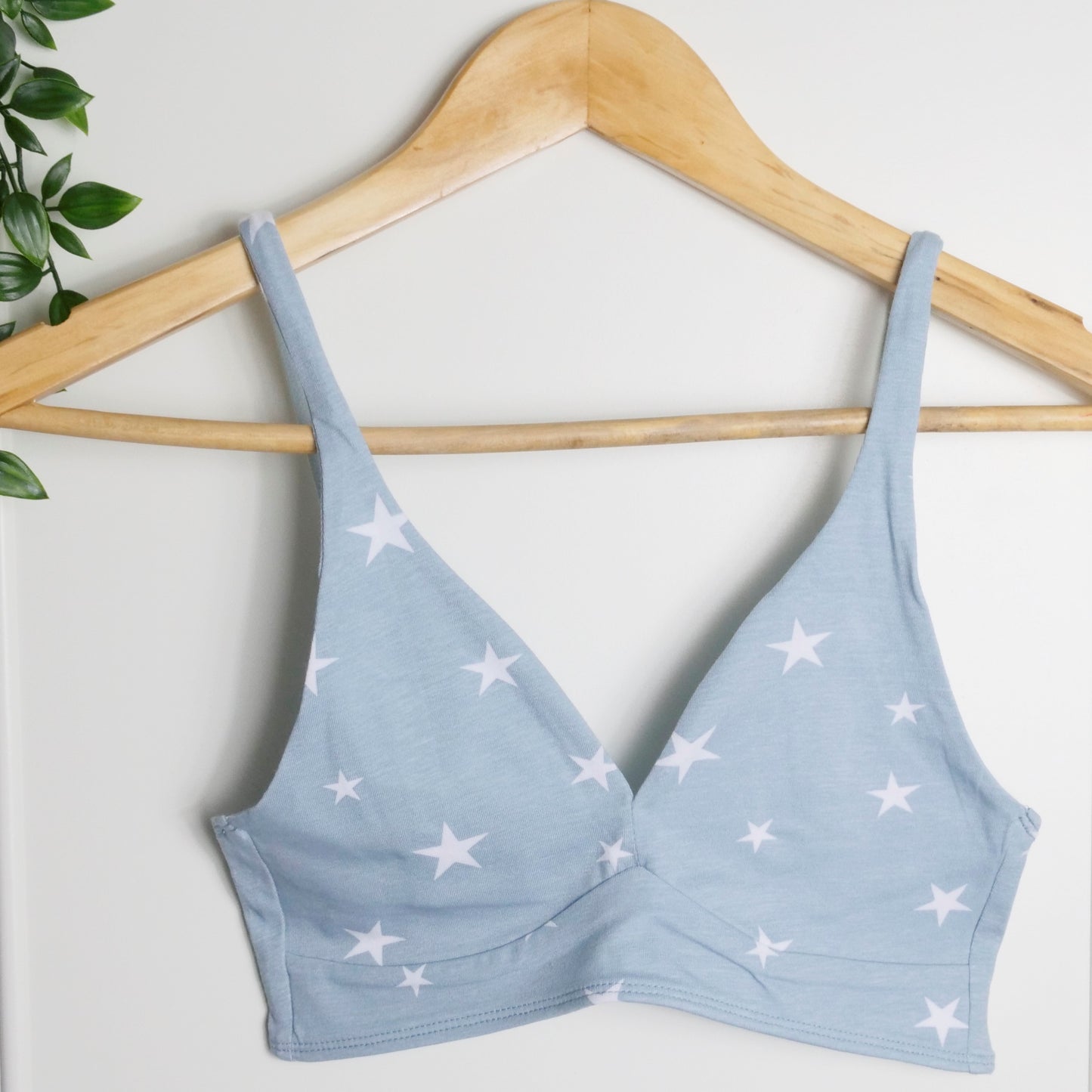 Women's organic cotton bralette in a light blue with white stars pattern