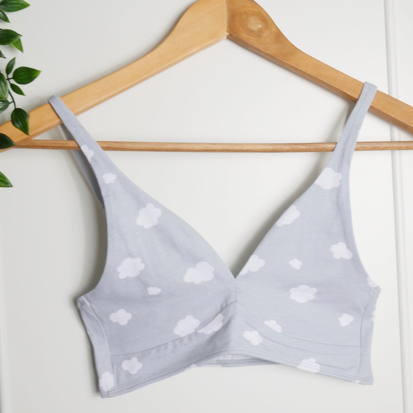 Women's organic cotton bralette in a light grey with white clouds pattern