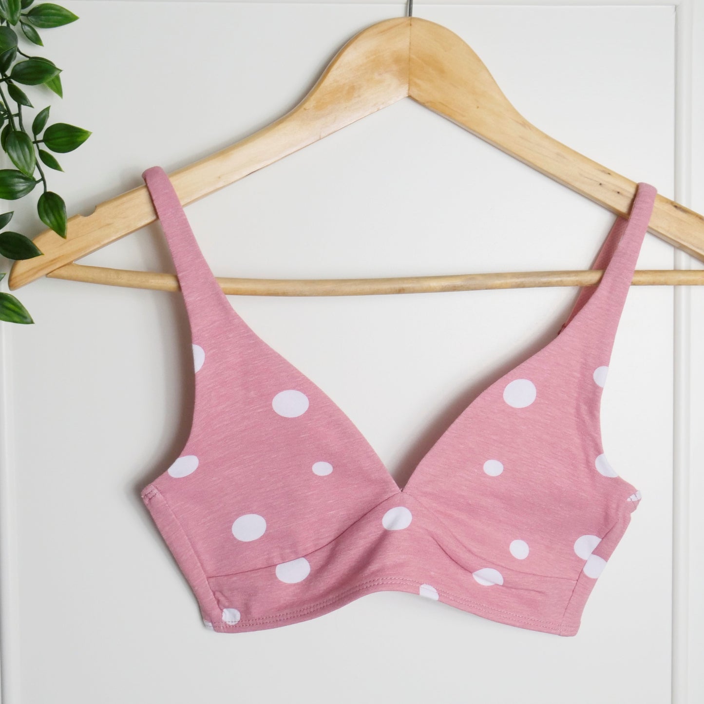 Women's organic cotton bralette in a pink with white dots pattern