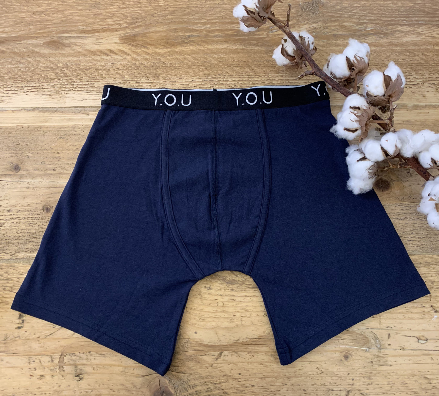 Men's organic cotton longer-leg trunks in navy blue