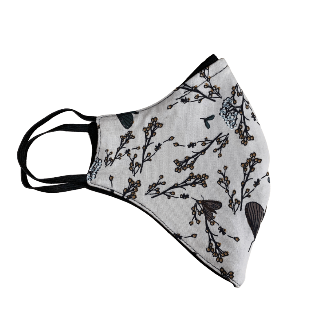 Organic cotton face mask - light grey butterfly and flower pattern, reversible design - Y.O.U underwear