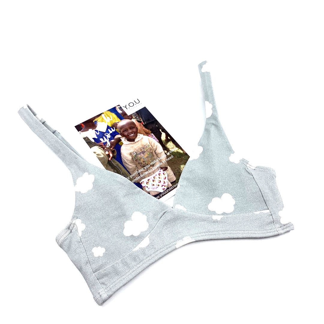 Girls' organic cotton bralette - grey with white clouds