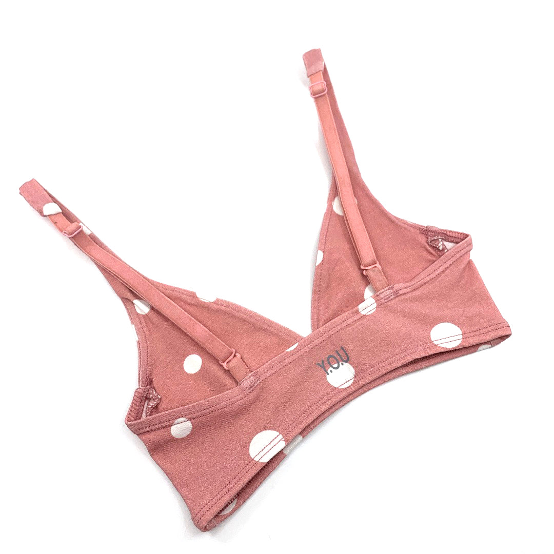 Women's organic cotton bralette in a pink with white dots pattern