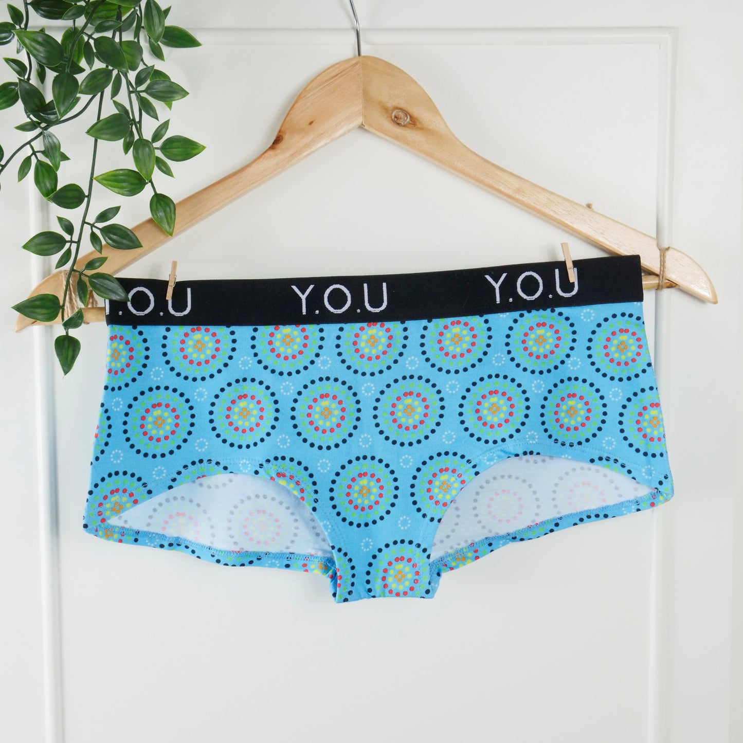 Women’s organic cotton boy shorts with Y.O.U elastic - Blue Mara design