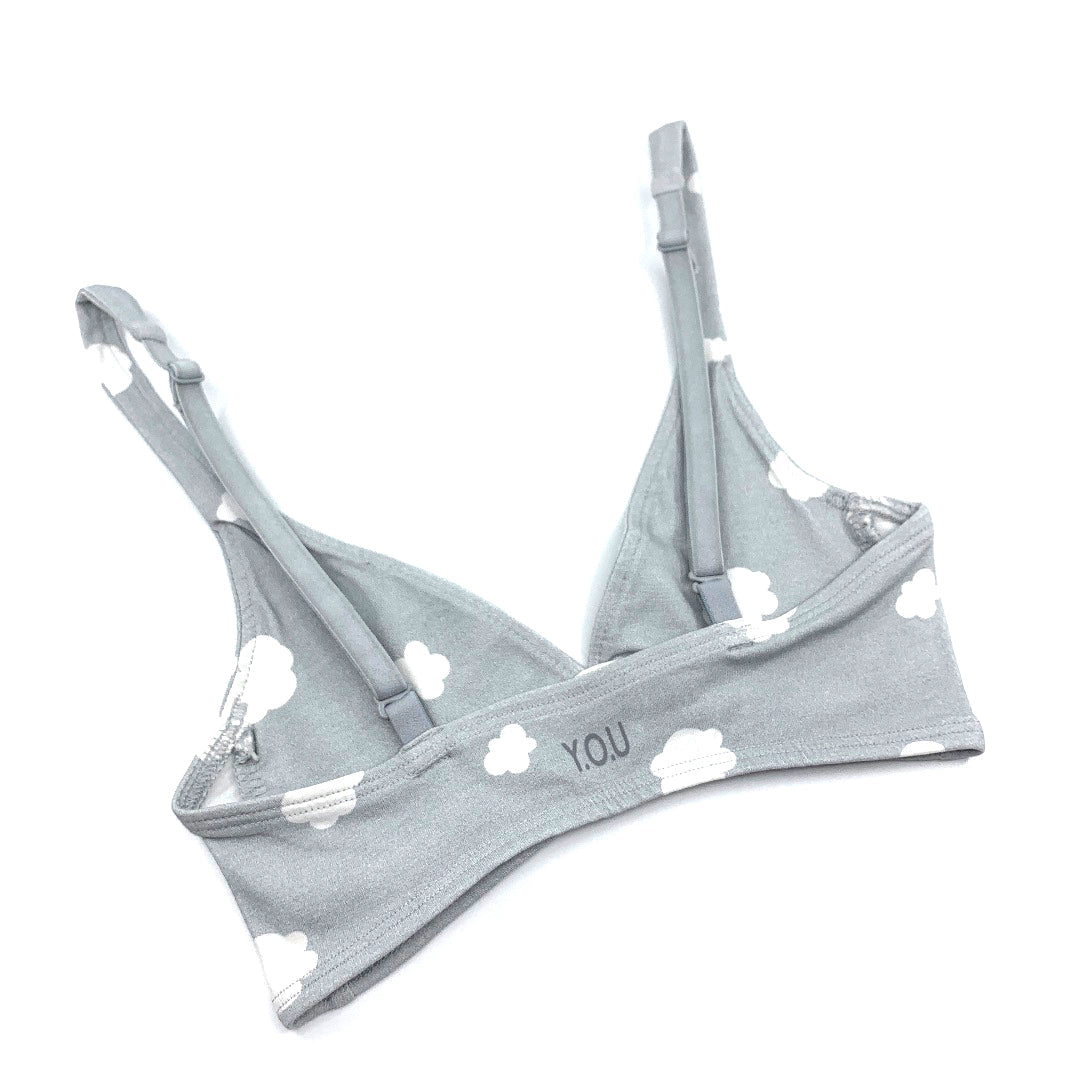 Women's organic cotton bralette in a light grey with white clouds pattern - Y.O.U underwear