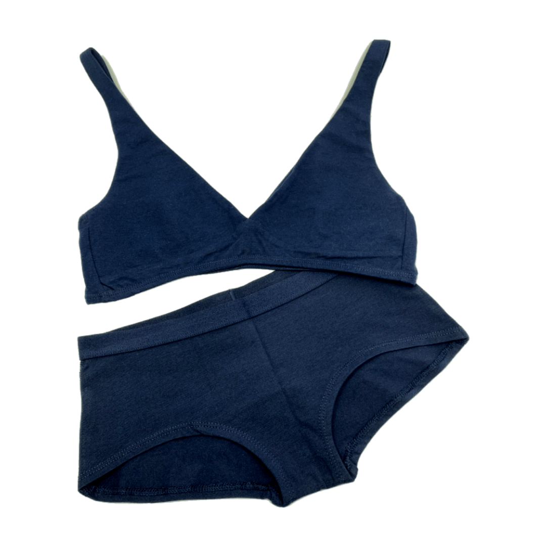 Women's organic cotton matching bralette and boy shorts set - navy blue - Y.O.U underwear