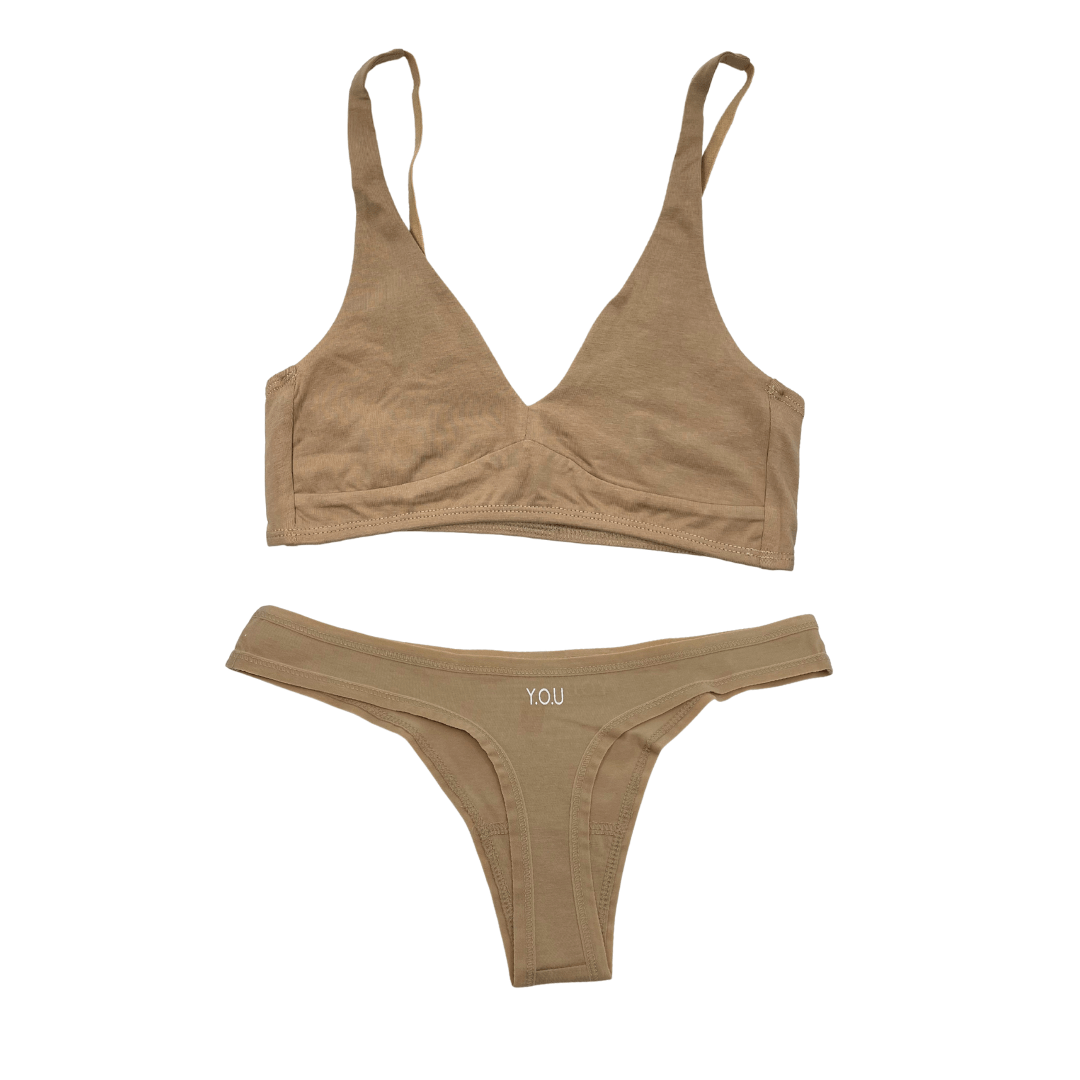 Women's organic cotton matching bralette and thong set - almond (light nude) - Y.O.U underwear