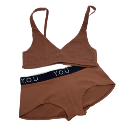 Women's organic cotton matching bralette and Y.O.U boy shorts set - chestnut (mid nude) - Y.O.U underwear