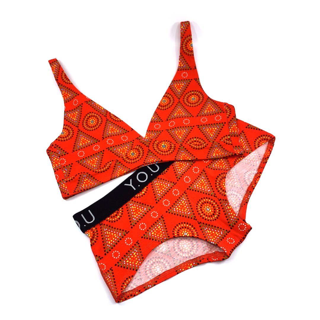 Women's organic cotton matching bralette and Y.O.U boy shorts set - Red Mara design - Y.O.U underwear