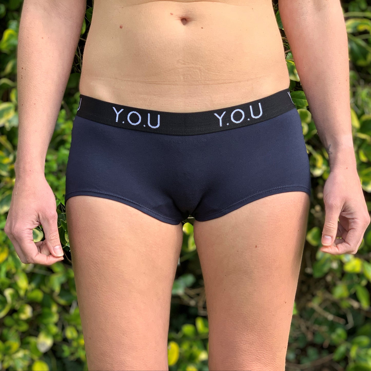 Women’s organic cotton boy shorts with Y.O.U elastic in navy blue