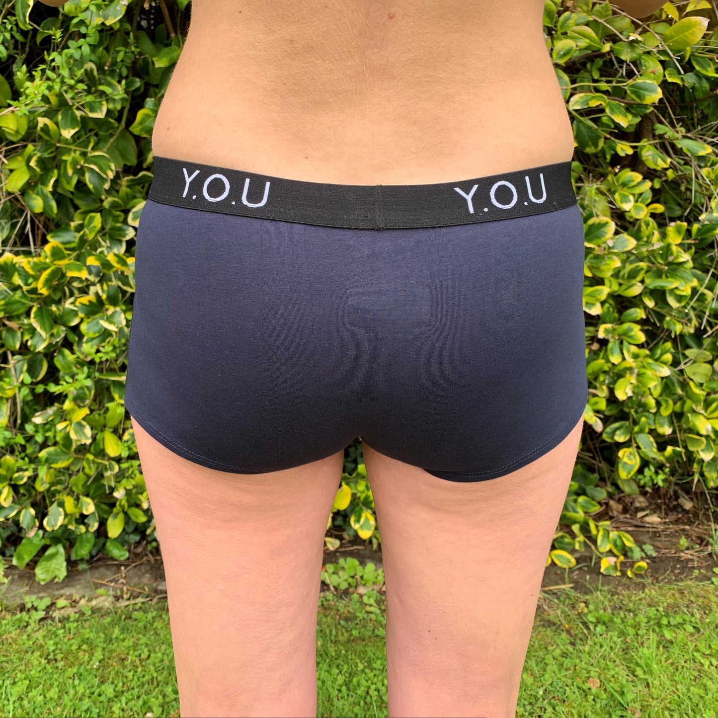 Women’s organic cotton boy shorts with Y.O.U elastic in navy blue