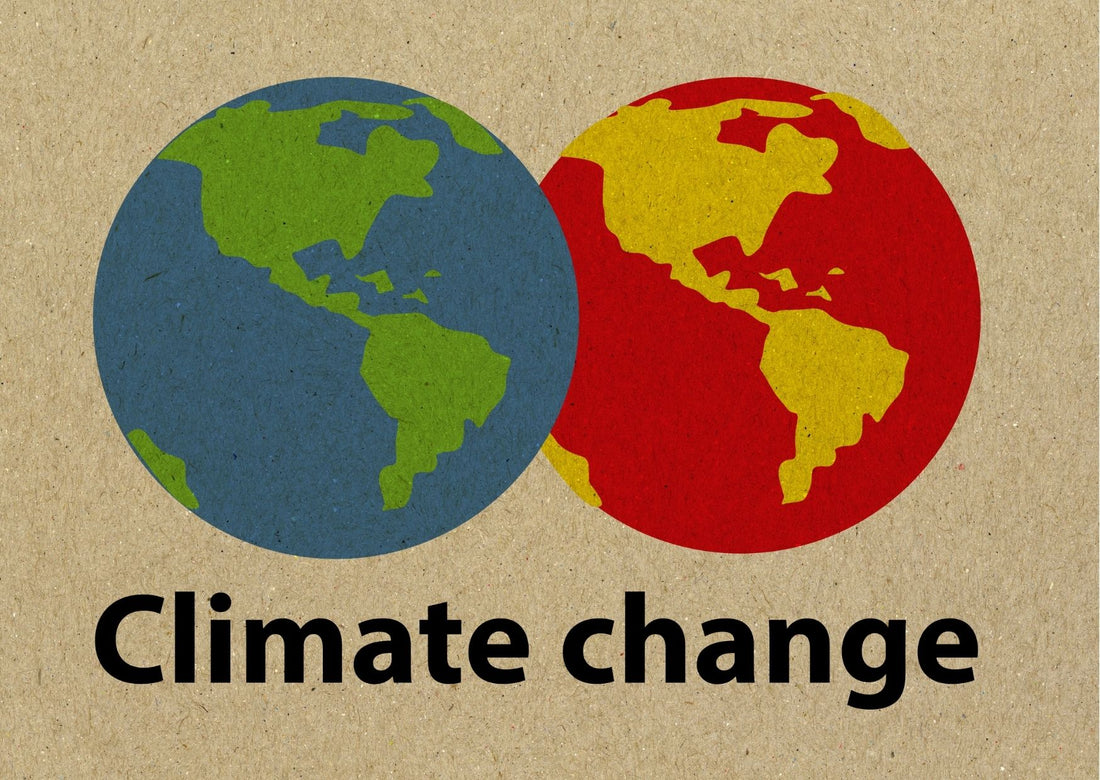 the image says 'Climate Change' and features 2 earths overlapping, one green and blue - the other red and yellow