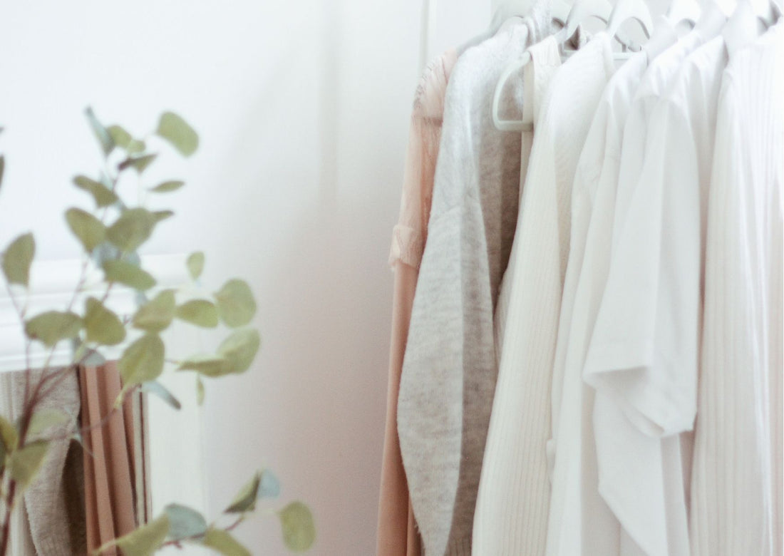 Neutral toned clothes hang on a rail, with a plant on the left