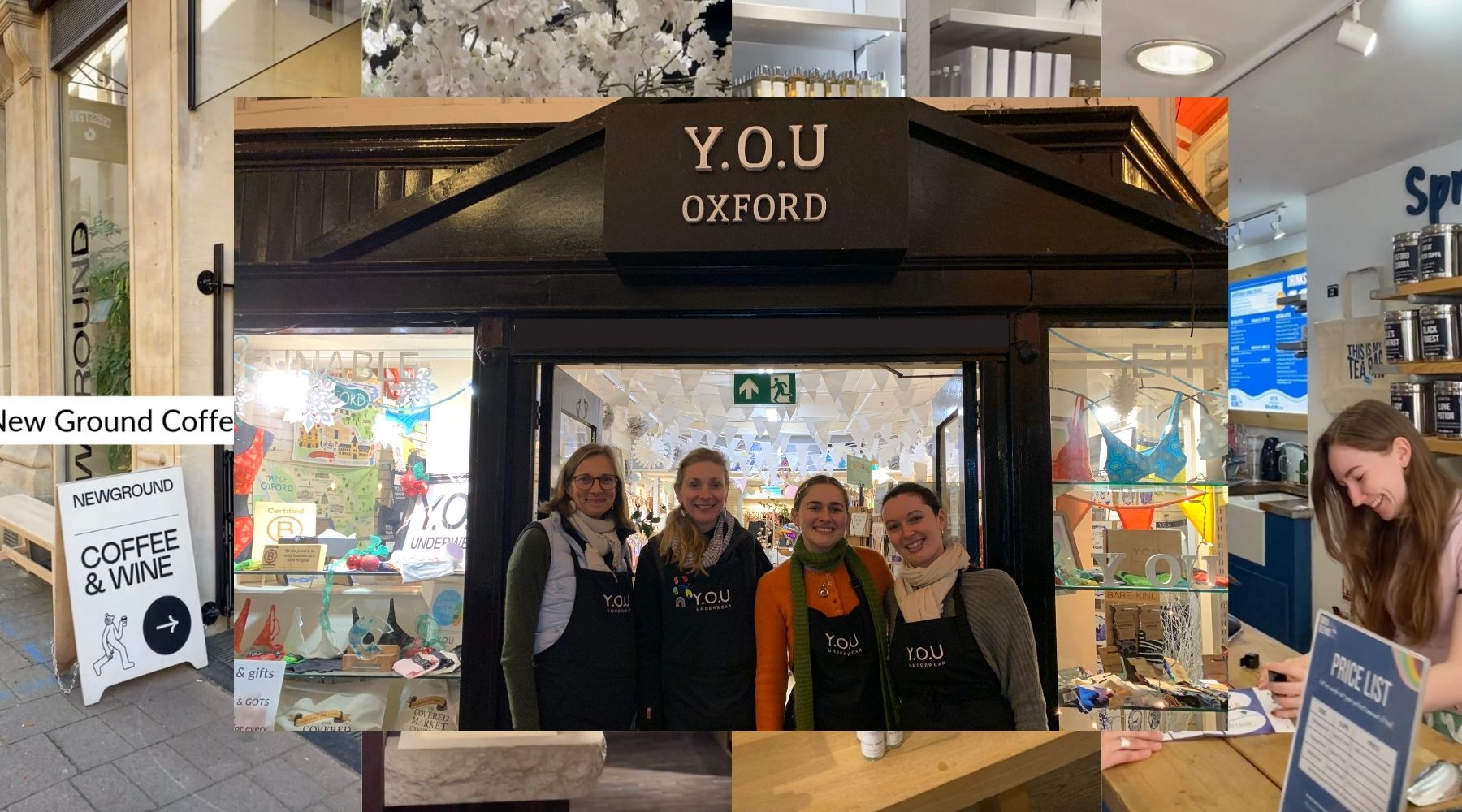 Photo collage of different B Corp shops in Oxford with an overlaid photo of the team outside the Y.O.U Oxford shop.
