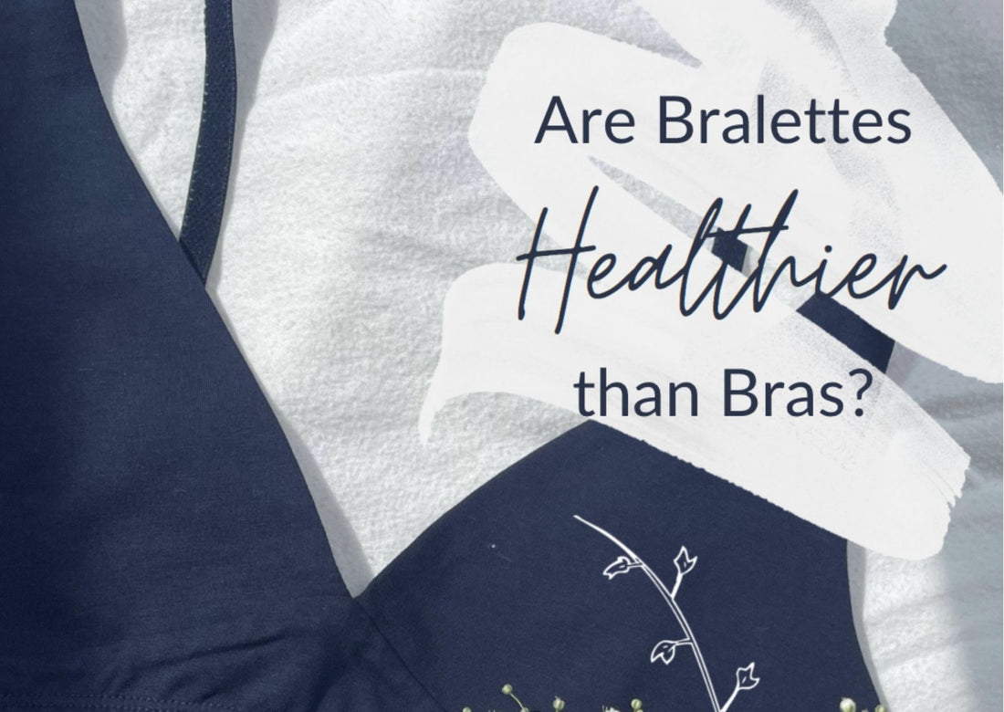 a navy blue bralette with the text 'are bralettes healthier than bras?' above 