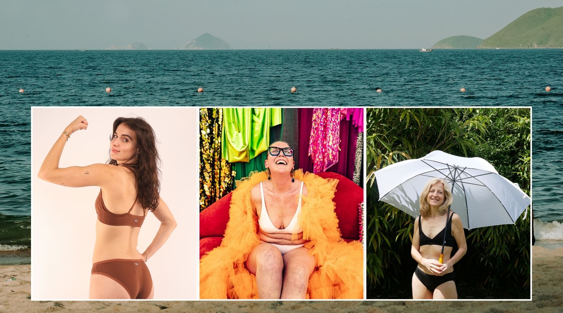 Three photos next to each other of women wearing Y.O.U Underwear on different photoshoots. In the background is a photo of a beach with the sea in the frame.