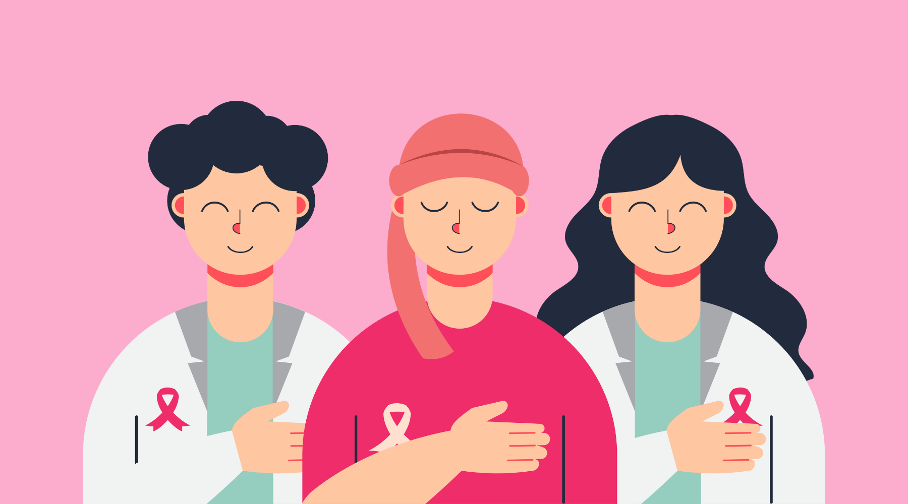 illustration of three women standing in a line with their eyes closed and their hand over their left breast.