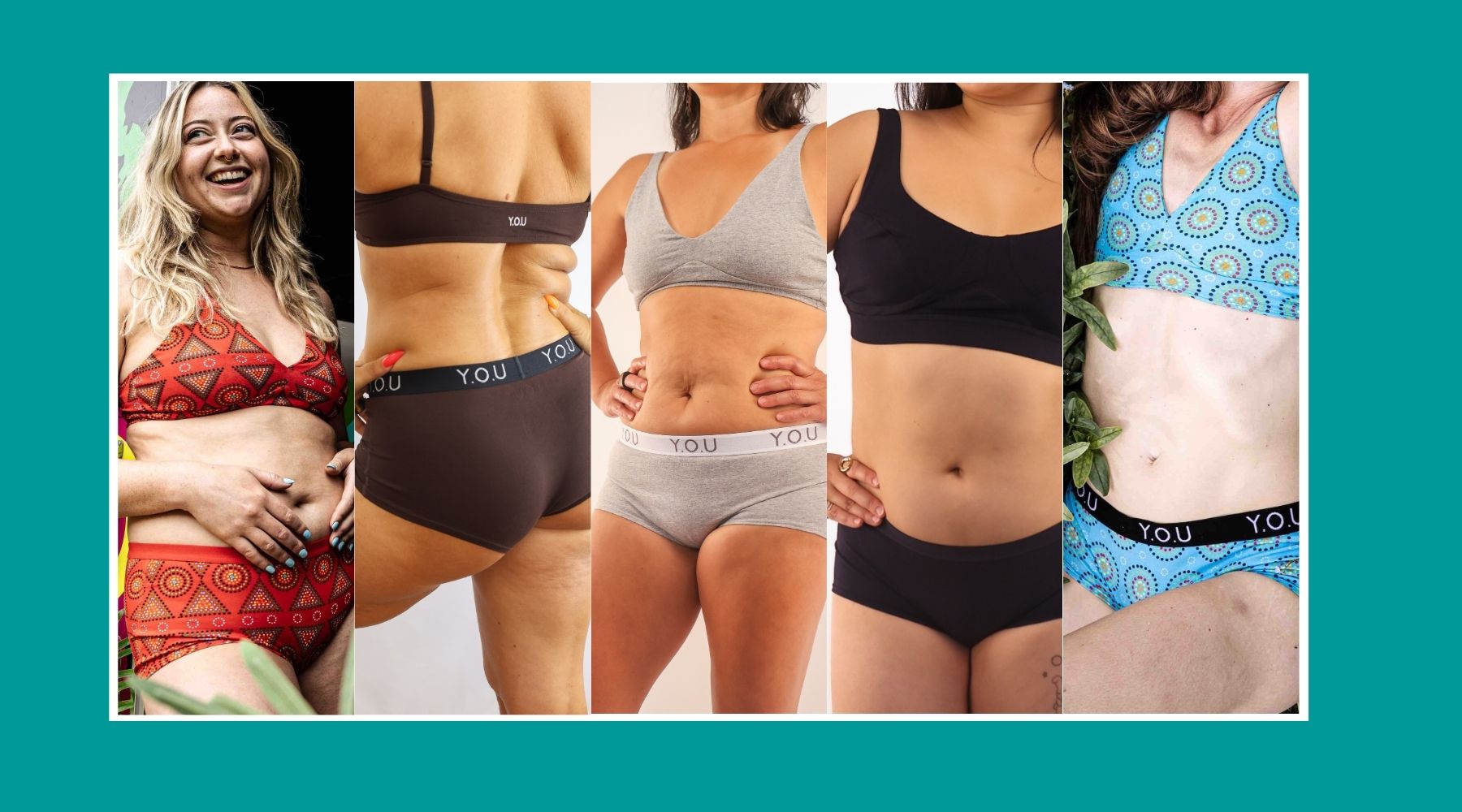 photo collage with five photos of different models wearing boyshorts matching underwear sets with a green background.