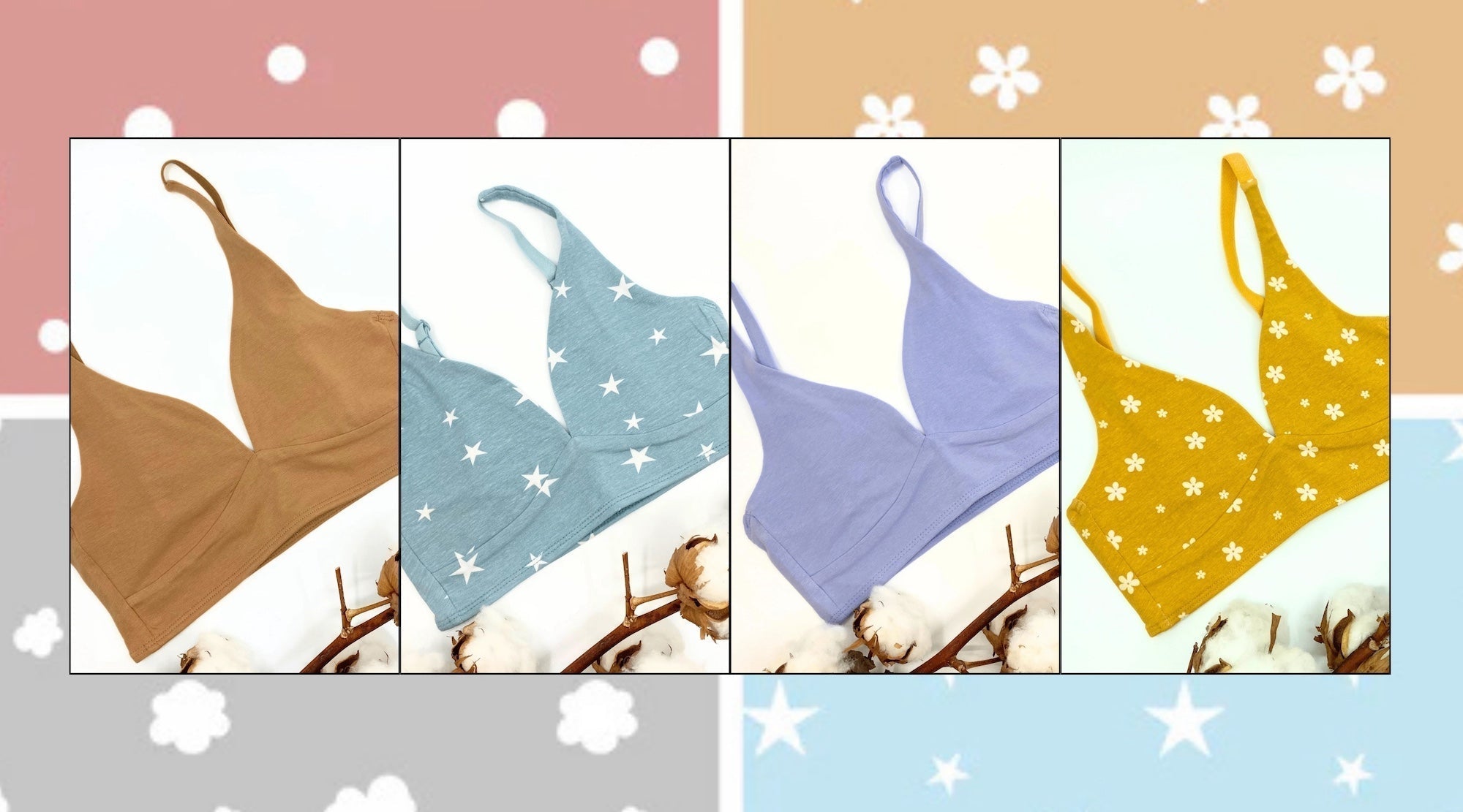 photo collage with four different girls bralettes photos against different pattern designs
