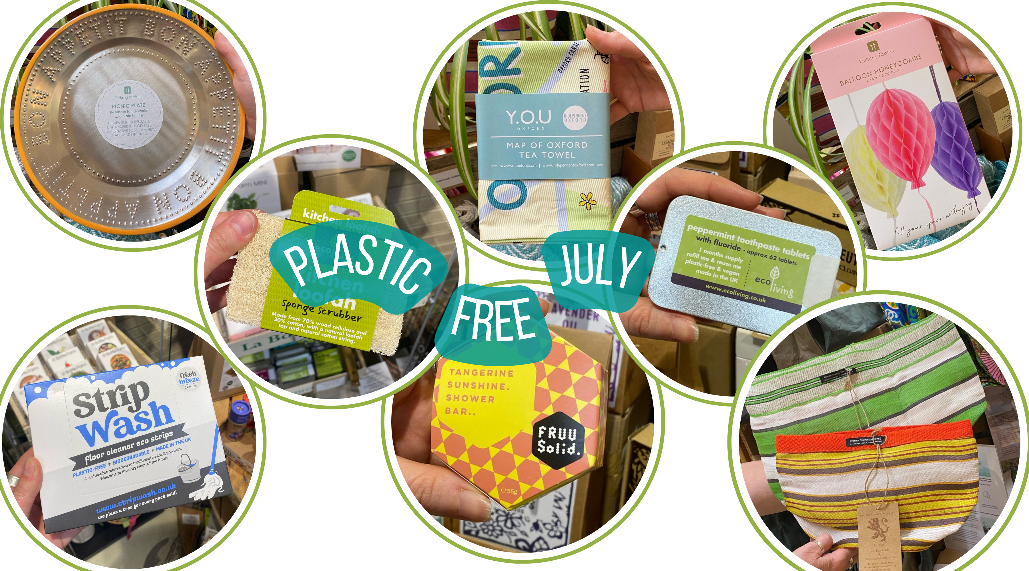 Graphic collage showing a range of plastic free and up cycled plastic product photos inside circle frames with a green outline. "Plastic Free July" is written in white text with green background over the top.